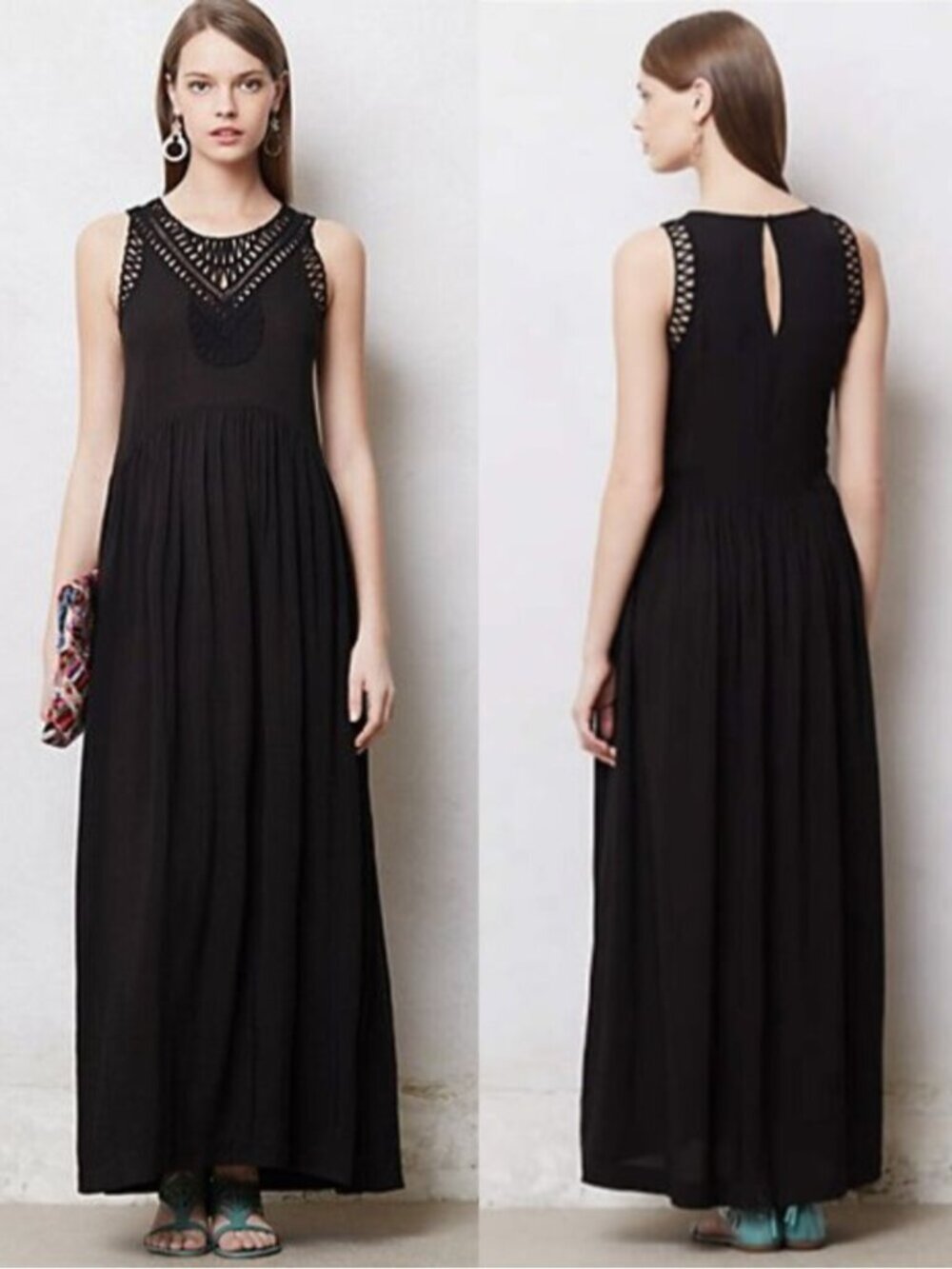 Anthropologie Mermaid Black Crochet Trim Macrame Maxi Dress